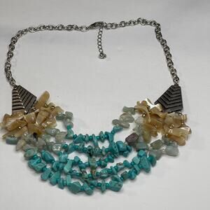 Dyed Stone faux turquoise silver necklace multi strand costume fashion jewelry